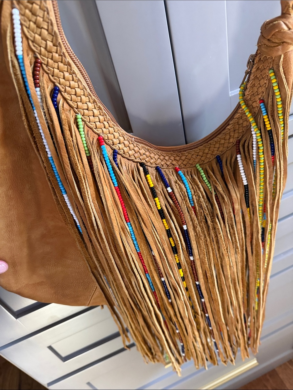 Kobler, Gypsy bag. Fringed Boho Crossbody Bag in Tan with Colorful Bead Accents - Picture 2 of 11
